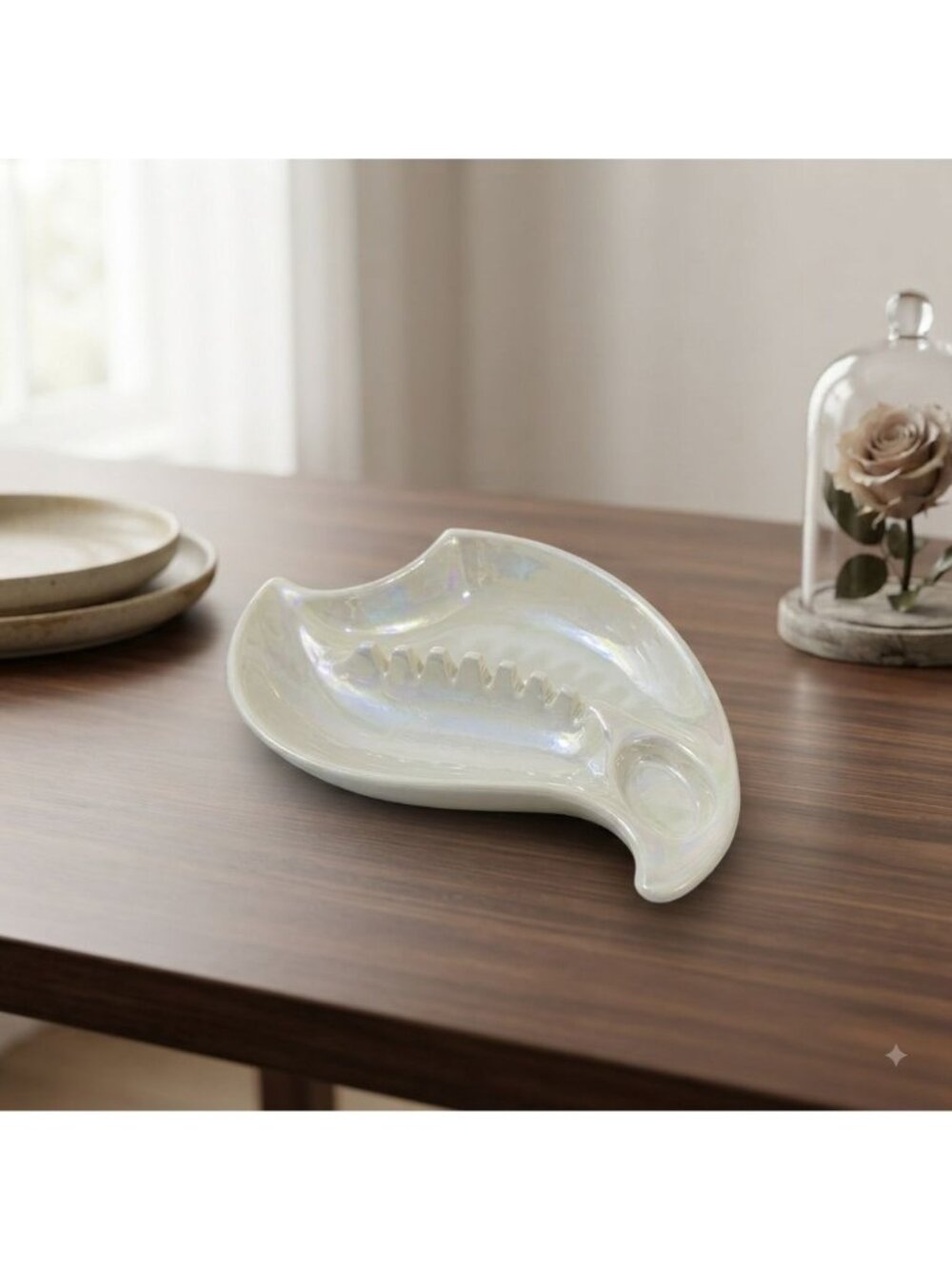 Vintage MCM California Pottery S-444 Pearl Iridescent Leaf Ashtray Catchall